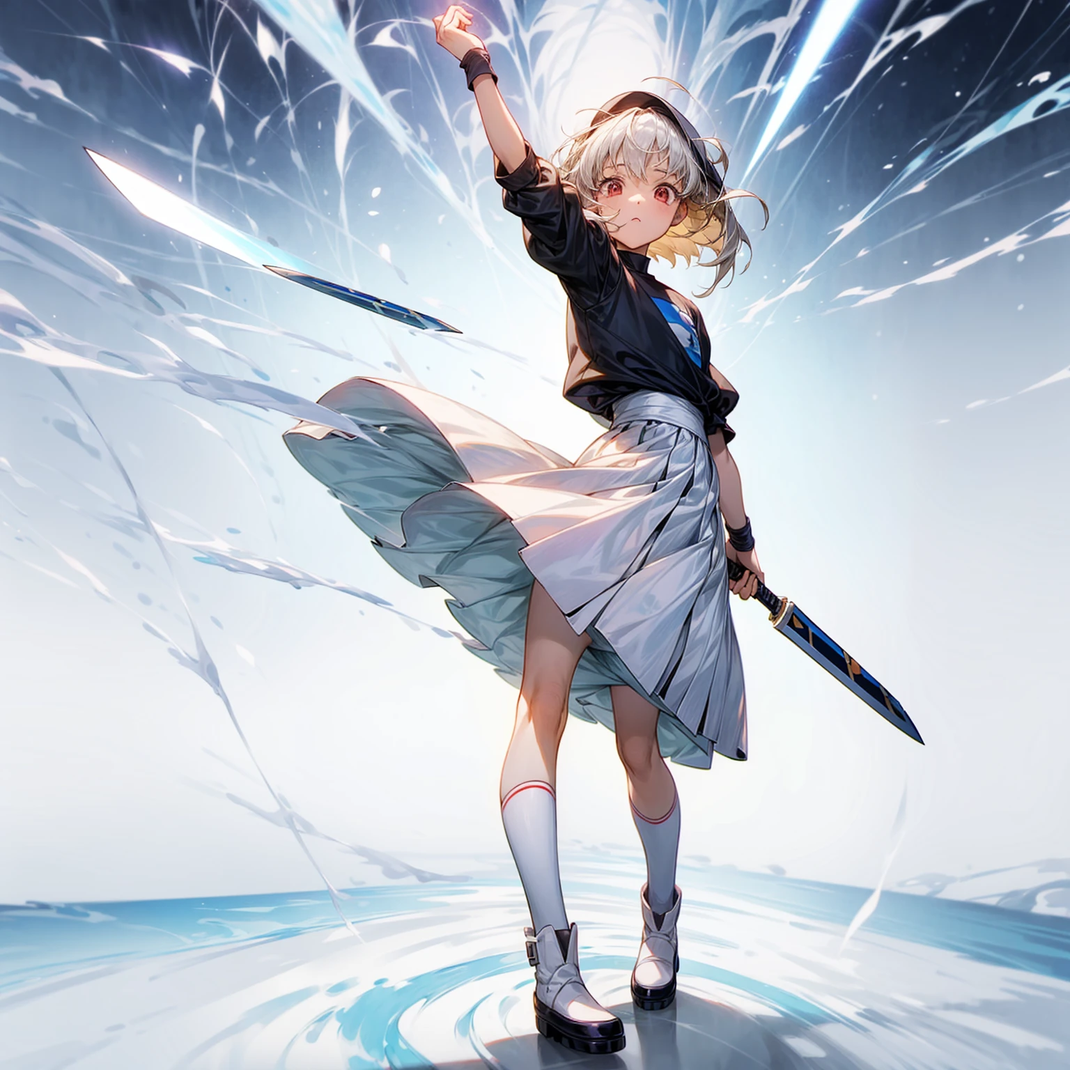 1childern girl, Full body version, 1character, just children version, light red eyes color, short hairstyle, white colour hair, saber style clothing, Long skirt, long socks, long boots, knife in hand, full background, Grassroots background in village, motion blur, shadow, standing gesture, (captain Tsubasa style art)