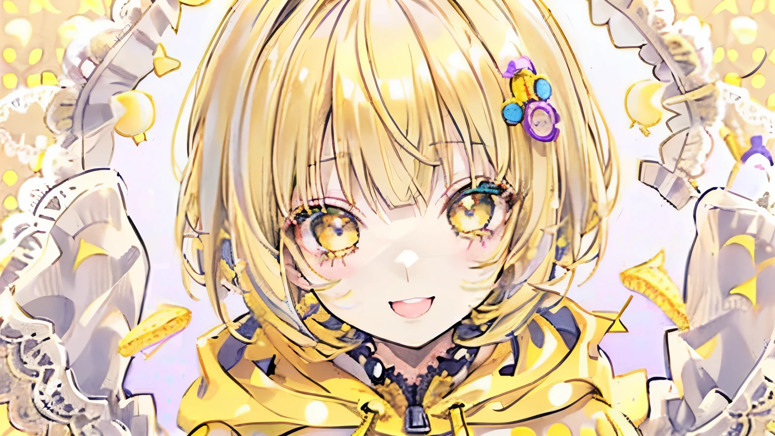 girl, yellow hair, bob cut, yellow eyes, ((lace clothes: 1.3)),((fidgets shyly: 1.2)),((opens mouth, looks up and smiles shyly: 1.3) ),((Angle from above: 1.4)),((Face close-up)),((Polka dot background: 1.2)),(Wearing zipper hoodie: 1.3),(Yellow, light blue, white)