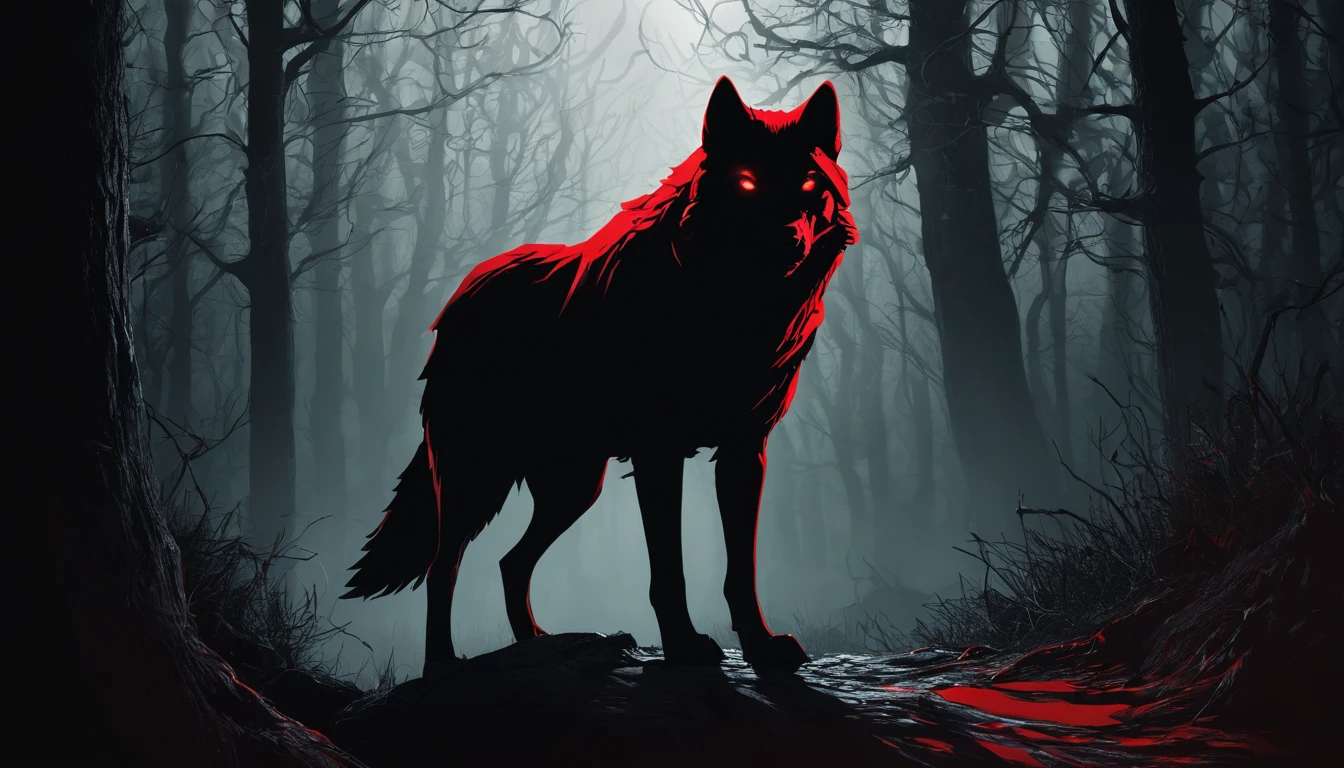 Create a digital artwork for a thumbnail titled 'Red Riding Hood: Dark Origin'. The scene should feature an ominous forest background with twisted trees and shadows. In the foreground, depict Red Riding Hood in her iconic red cloak, but with a dark and intense expression. Include subtle, eerie elements such as the silhouette of a menacing wolf with glowing eyes lurking in the background. Use a dark and moody color palette with shades of red, black, and grey to convey a sense of mystery and danger. The title text should be bold and striking, standing out against the dark background to catch the viewer's attention."
