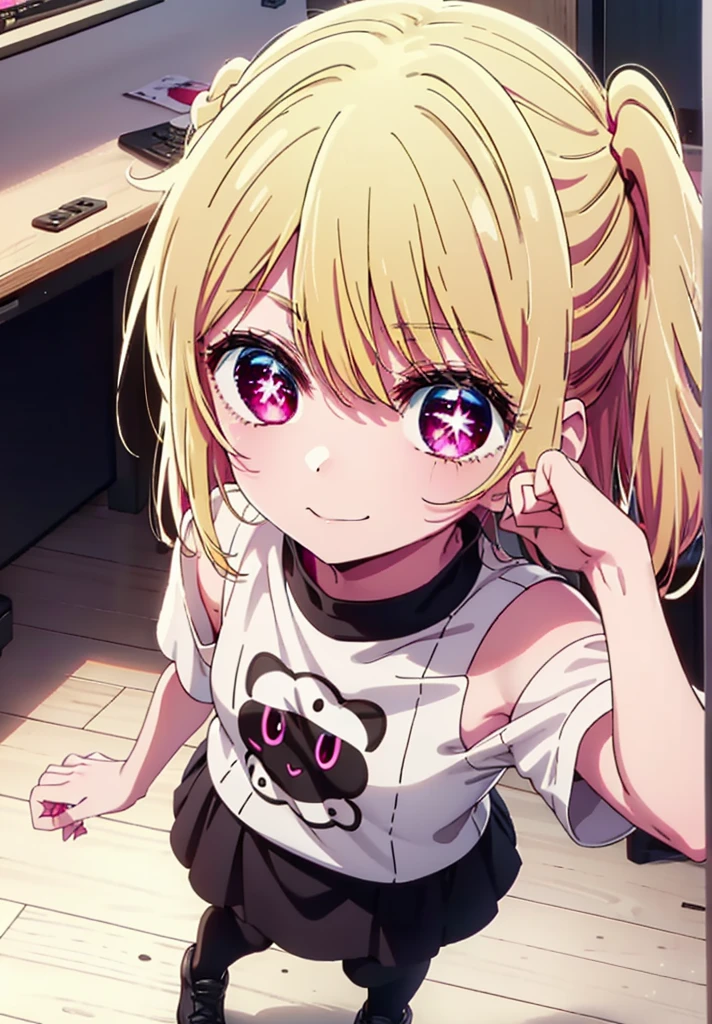 rubyhoshino, Hoshino Ruby, Long Hair, bangs, Blonde, (Pink Eyes:1.3), (Symbol-shaped pupil:1.5), Multicolored Hair, Two-tone hair, happy smile, smile, Close your mouth,
break, Cold Shoulder Shirt,Short sleeve,Long skirt,Black pantyhose,short boots,There is a computer on the table,Walking,interior,whole bodyがイラストに入るように,Daytime,Clear skies,
break indoors, office,
break looking at viewer, whole body,
break (masterpiece:1.2), Highest quality, High resolution, unity 8k wallpaper, (figure:0.8), (Beautiful attention to detail:1.6), Highly detailed face, Perfect lighting, Highly detailed CG, (Perfect hands, Perfect Anatomy),
