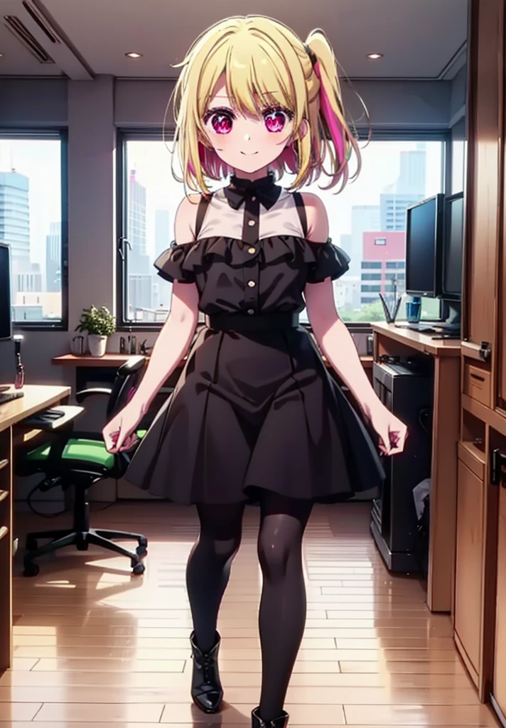 rubyhoshino, Hoshino Ruby, Long Hair, bangs, Blonde, (Pink Eyes:1.3), (Symbol-shaped pupil:1.5), Multicolored Hair, Two-tone hair, happy smile, smile, Close your mouth,
break, Cold Shoulder Shirt,Short sleeve,Long skirt,Black pantyhose,short boots,There is a computer on the table,Walking,interior,whole bodyがイラストに入るように,Daytime,Clear skies,
break indoors, office,
break looking at viewer, whole body,
break (masterpiece:1.2), Highest quality, High resolution, unity 8k wallpaper, (figure:0.8), (Beautiful attention to detail:1.6), Highly detailed face, Perfect lighting, Highly detailed CG, (Perfect hands, Perfect Anatomy),