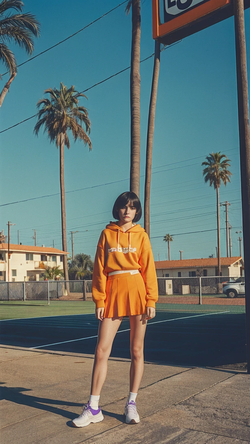 long shot portrait of cute 23 yo girl ,wear ((orange color oversized_hoodie)), wear ((purple tennis skirt)),looking front,Best Quality,Masterpiece,Ultra High Resolution,(Realisticity:1.4),Original Photo, 1Girl, light leak,ultra high resolution,UHD,beautiful, (black bob hair), almond eye, no makeup, in front of (80's mondrian architecture motel), (realistic:1.2), (surreal:1.3), (very detailed:1.1), ((masterpiece)),summer, blue sky, palm trees,sunny, los angles vibes,film camera, 800mm lens,style of Philip Lorca diCorcia