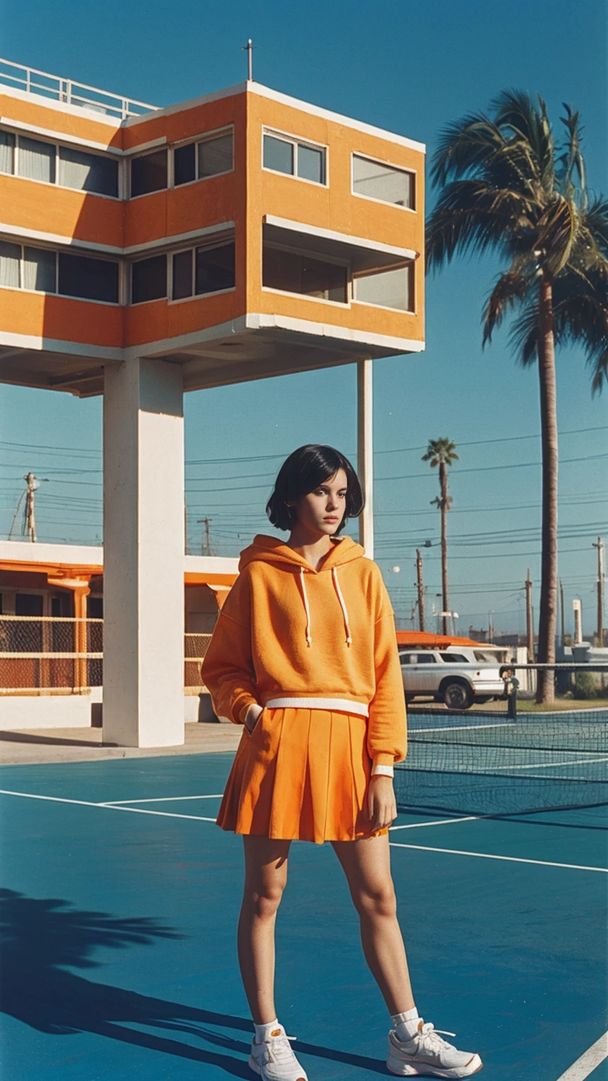 long shot portrait of cute 23 yo girl ,wear ((orange color oversized_hoodie)), wear ((purple tennis skirt)),looking front,Best Quality,Masterpiece,Ultra High Resolution,(Realisticity:1.4),Original Photo, 1Girl, light leak,ultra high resolution,UHD,beautiful, (black bob hair), almond eye, no makeup, in front of (80's mondrian architecture motel), (realistic:1.2), (surreal:1.3), (very detailed:1.1), ((masterpiece)),summer, blue sky, palm trees,sunny, los angles vibes,film camera, 800mm lens,style of Philip Lorca diCorcia