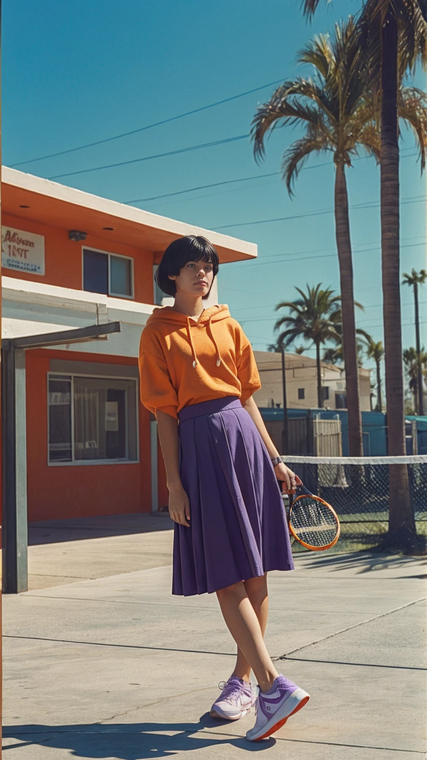 long shot portrait of cute 23 yo girl ,wear ((orange color oversized_hoodie)), wear ((purple tennis skirt)),looking front,Best Quality,Masterpiece,Ultra High Resolution,(Realisticity:1.4),Original Photo, 1Girl, light leak,ultra high resolution,UHD,beautiful, (black bob hair), almond eye, no makeup, in front of (80's mondrian architecture motel), (realistic:1.2), (surreal:1.3), (very detailed:1.1), ((masterpiece)),summer, blue sky, palm trees,sunny, los angles vibes,film camera, 800mm lens,style of Philip Lorca diCorcia