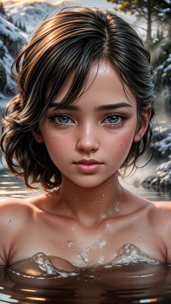 a beautiful detailed portrait of two sisters relaxing in an outdoor hot spring surrounded by a snowy landscape, steam rising from the hot water, sweat glistening on their skin, (best quality,4k,8k,highres,masterpiece:1.2),ultra-detailed,(realistic,photorealistic,photo-realistic:1.37),detailed facial features,extremely detailed eyes and face,longeyelashes,beautiful detailed lips,natural lighting,warm color tones,mist,atmospheric,serene,peaceful,tranquil,idyllic