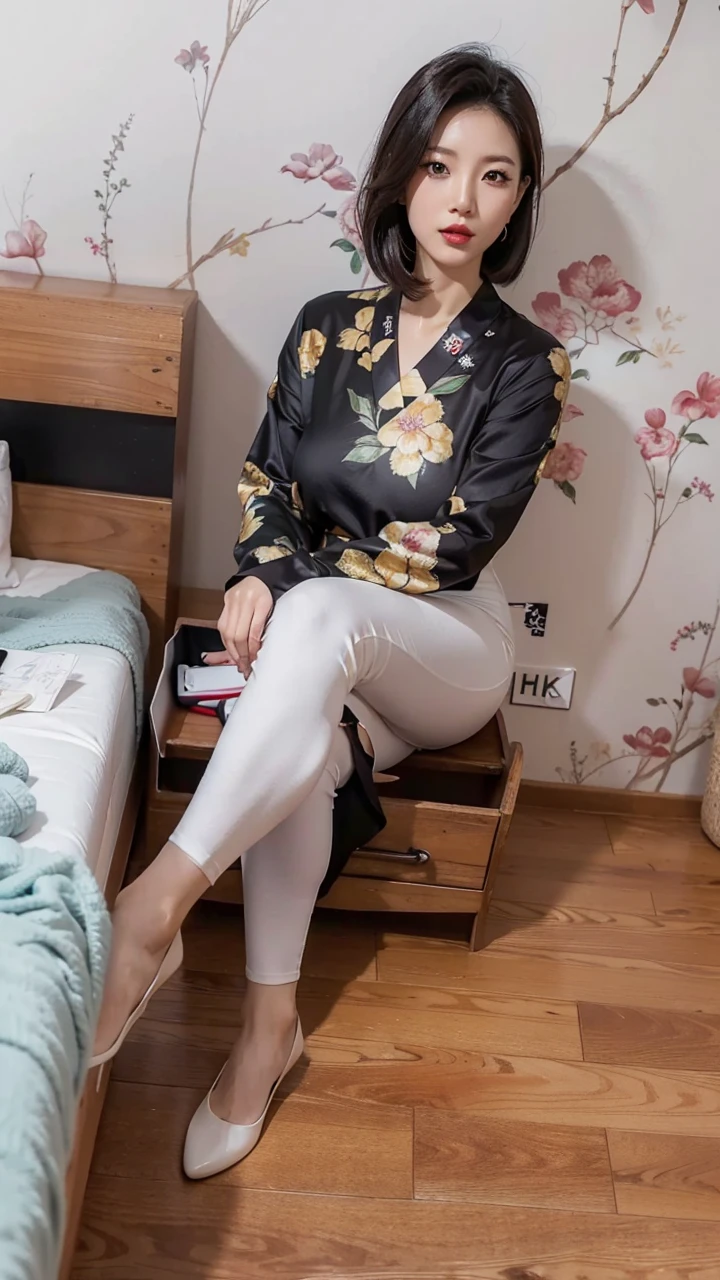 Live Action、8K, Highest quality, Realistic, Very detailed、Simple room、Grey ceiling、Young and beautiful girl、Large Breasts、Show your forehead、Black cheongsam with gold dragon embroidery、Angle from quite low、、View looking up at breasts from below、Woman in cowgirl position with legs spread