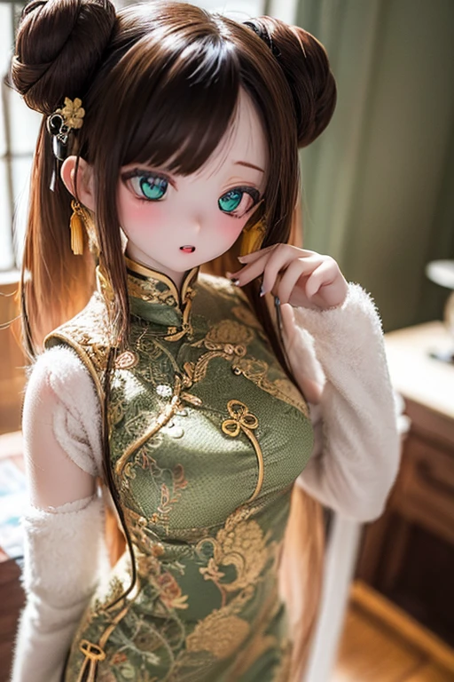 photorealistic, realistic photo, ((highest quality)), ((masterpiece)), (extremely detailed), kukolnydom, doll, (mature woman:1.6), solo, ((cowboy shot)), dynamic pose, brown hair, green eyes, (looking down, blank eyes, empty eyes, detailed eyes:1.3), light smile, china dress, chinese room, 8k