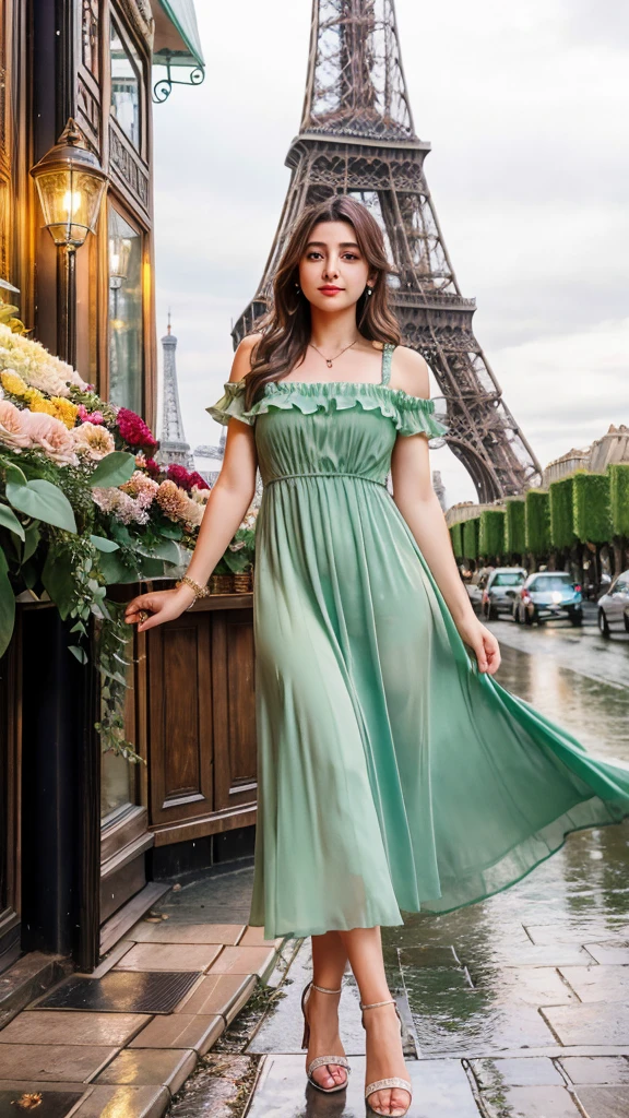 4D realistic image about beautiful turkish woman dynamic pose in the vintage of the Eiffel Tower background, wearing long dress, Parisian street with flower shops and cafes, raindrops on green leaves, detailed, soft lighting, romantic atmosphere, High resolution.