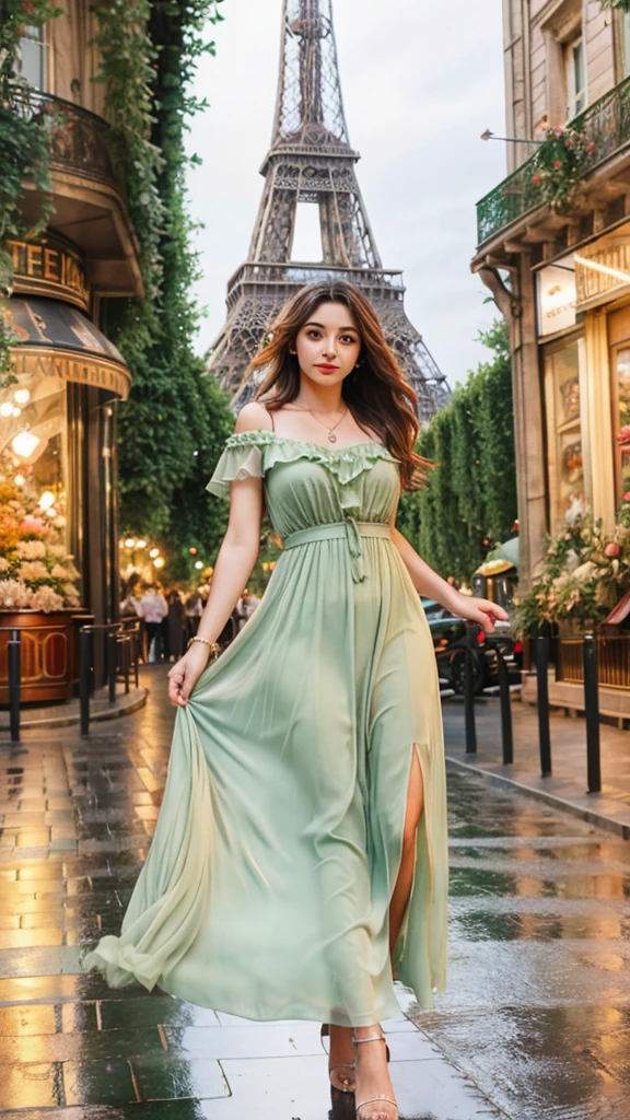 4D realistic image about beautiful turkish woman dynamic pose in the vintage of the Eiffel Tower background, wearing long dress, Parisian street with flower shops and cafes, raindrops on green leaves, detailed, soft lighting, romantic atmosphere, High resolution.