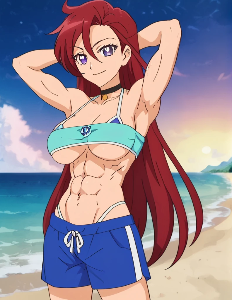 Takizawa Asuka, best quality, red hair, very long hair, hair between eyes, purple eyes, athletic body, black choker, off shoulder, high quality, solo, night sky, beach, arms behind head, contrapposto, closed mouth, spread armpits, (cowboy shot:1.5), looking at viewer, smile, best quality, anime coloring, anime screencap, big breast, underboob, abs, red micro-bikini, bare feet,extremely well-trained abdominal muscles, ten cubes of abs on the stomach, full body 