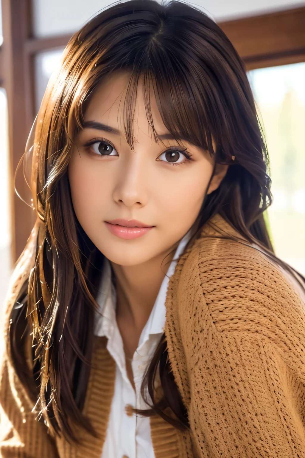 8K, top-quality, masterpiece, realisitic, Photorealsitic, ultra-detailliert, Natural sunlight, extremely detailed face and skin, A detailed eye, Highly detailed face-to-skin intermediate shots, Beautiful woman looking at camera, sexy pose, Beautiful face, Realistic face, Detailed face, Beautiful hairstyle, Realistic eyes, Detailed eyes, Realistic skin, Detailed skin, Beautiful skin, Attractive, A hyper-realistic, brown cardigan, Gentle, Brown long hair, cute Japanese girls, Full body
