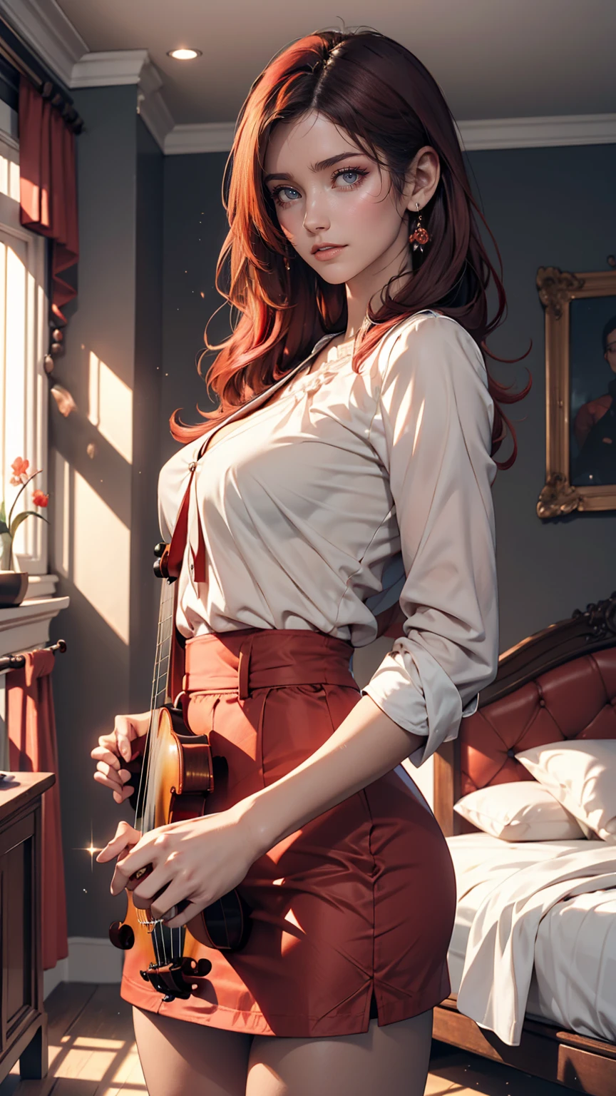 19-year-old female、A feminine and fancy room、Red hair、Sexy proportions、Sexy、Sheer blouse、skirt、Violin playing