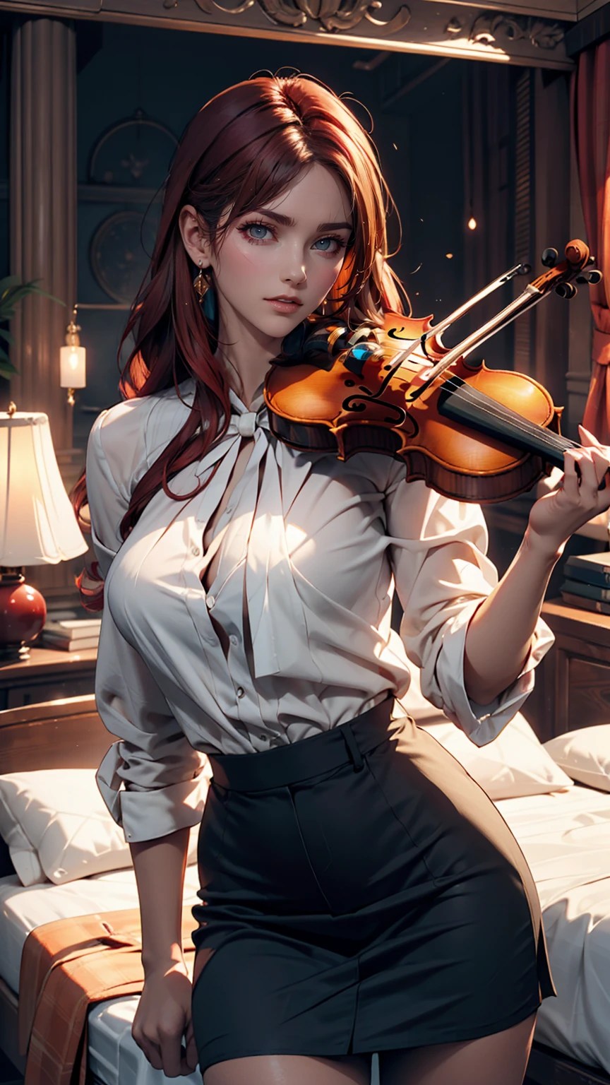 19-year-old female、A feminine and fancy room、Red hair、Sexy proportions、Sexy、Sheer blouse、skirt、Violin playing