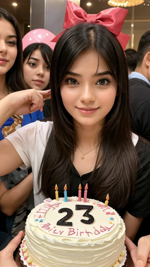 A girl who is 25 years old is celebrating her birthday with many people.