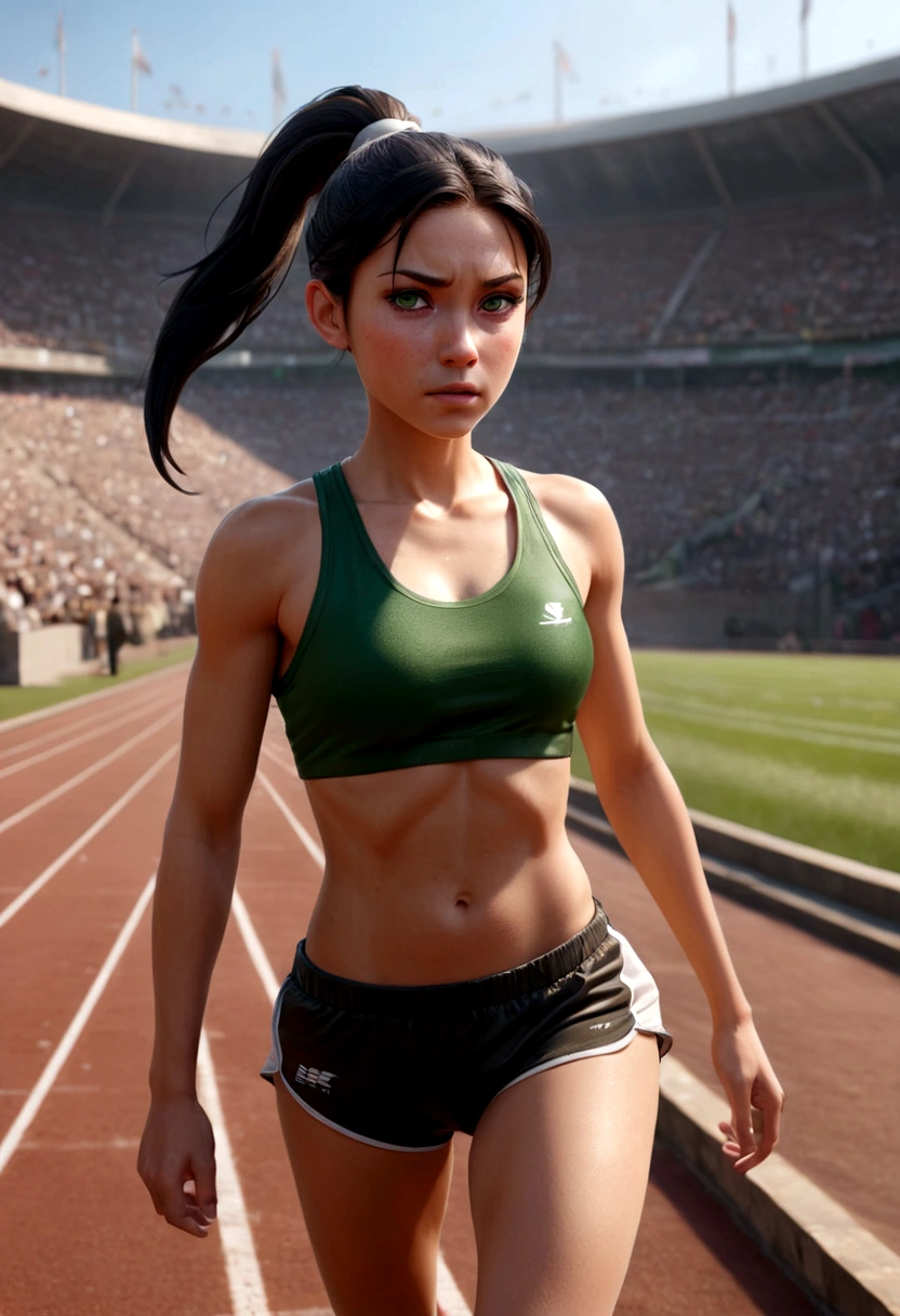 Daisy Jhonson in sports clothes running in a trackfield, (8k, RAW photo, photorealistic: 1.25), (lots of lip gloss, lots of eyelashes, watery eyes, best quality, ultra high resolution, depth of field, chromatic aberration, caustic, wide light, natural color,
