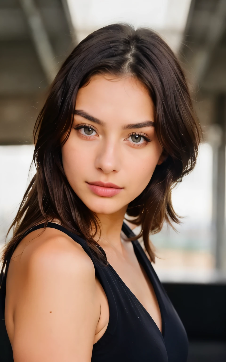 a shot of a 22-year-old female influencer, heart face type, Honey eyes, pronounced cheekbones, soft skin, Brown hair, take the photo that is generated with high realism, white lighting with iPhone 14 pro max camera