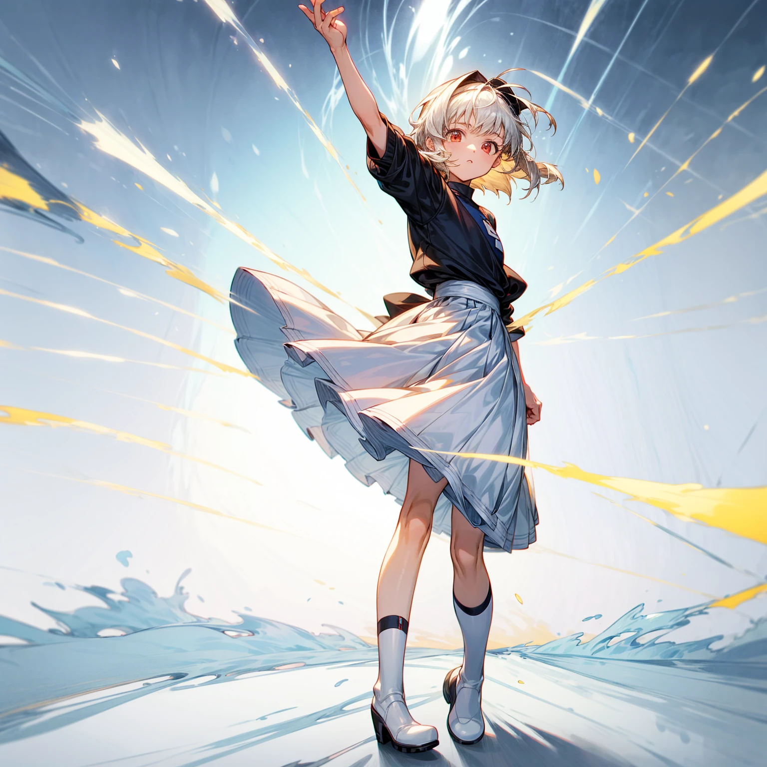 1childern girl, Full body version, 1character, just  version, light red eyes color, short hairstyle, white colour hair, saber style clothing, Long skirt, long socks, long boots, knife in hand, full background, Grassroots background in village, motion blur, shadow, standing gesture, (captain Tsubasa style art)