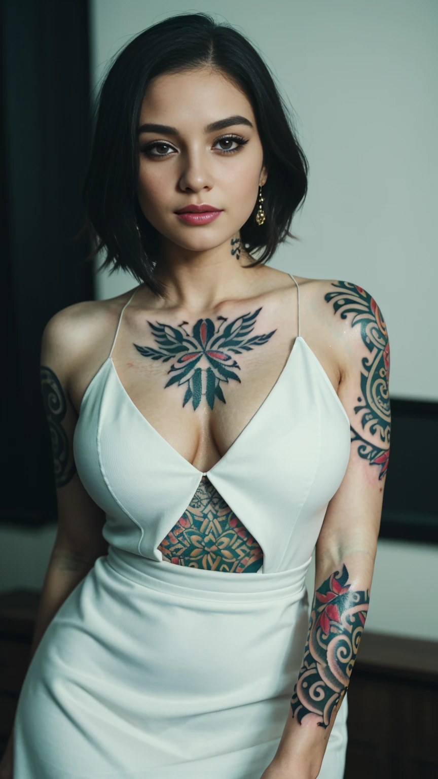 27 years old, gorgeous cute Russian girl, smirk, freckles, 1girl, cowboy shot of beautiful ada, looking at viewer, red dress, black hair, blush, short hair, athletic night, volumetric lighting, White batik dress with black layers , best quality, masterpiece, intricate details, tonemapping, sharp focus, hyper detailed, trending on Artstation, ada, realistic armpits sweaty and hairy a lot, good young girl, (masterpiece:1.0),(best_quality:1.0), ultra high res,4K,ultra-detailed, photography, 8K, HDR, highres, absurdres:1.2, Kodak portra 400, blurry background, bokeh, lens flare, (vibrant_color:1.2),professional photograph,(the_tattoo:1.5),(Beautiful,large_Breasts), (beautiful_face:1.5),(narrow_waist).