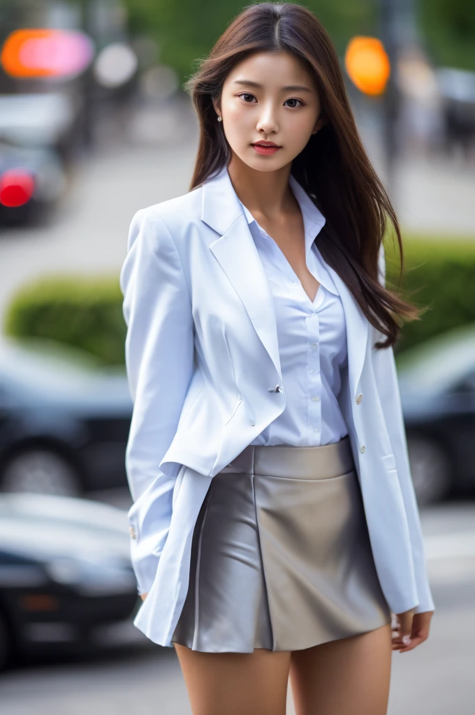 17 year old girl, she is the most beautiful actress in the world, the perfect body proportions of this girl, the formal shirt under the tightly closed blazer, her crotch area of the panties are hardly hidden by the short skirt, her bare legs, only the front of her body is seen, she is standing straight at the street, nsfw, best quality, highly detailed, masterpiece, ultra high res, photo realistic, 8k, RAW photo