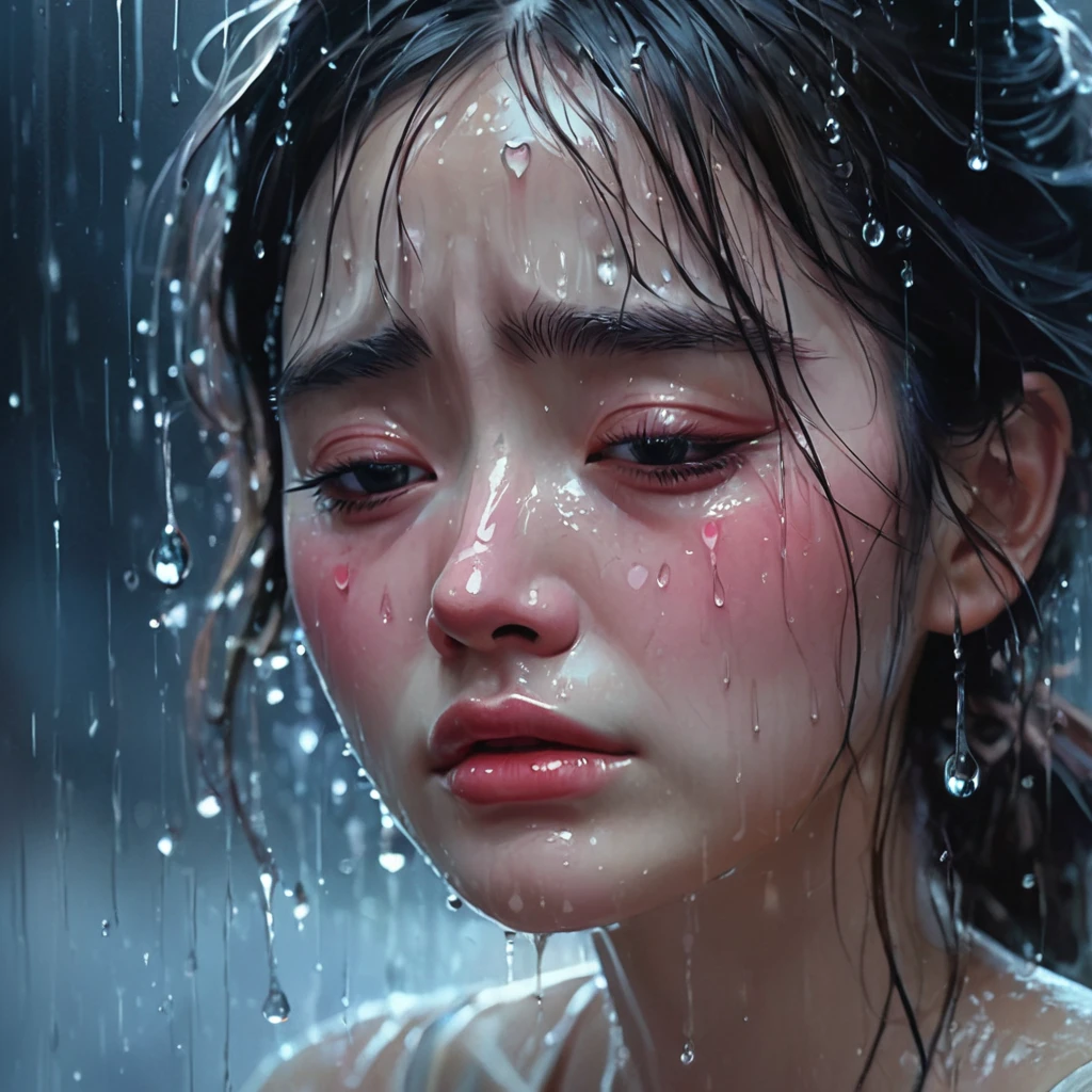 crying,aesthetic,extremely detailed,teary eyes,rosy cheeks,soaked lashes,emotional expression,intense sadness,dripping tears,true-to-life textures,highly refined details,dramatic lighting,seamless blending of colors,vibrant hues,artistic composition,layered brushstrokes,emotive brushwork,realistic water droplets,breathtaking realism,masterful craftsmanship,haunting beauty,evocative atmosphere,highly emotional scene,silent sorrow,stark contrast,moody ambiance,endless depth,luminous glow,shimmering highlights,subtle shadows,intimate close-up,precise contours,striking emotion,fluid brush movements,touching portrayal,painstaking attention to detail,aesthetically pleasing,heart-wrenching,deeply moving artistry