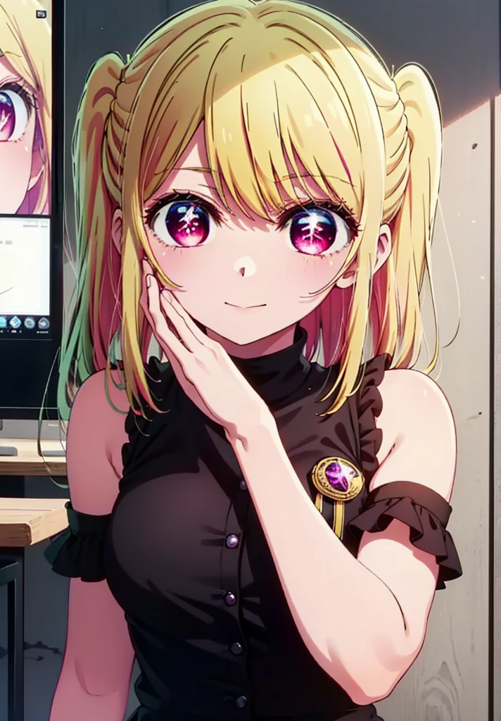 rubyhoshino, Hoshino Ruby, Long Hair, bangs, Blonde, (Pink Eyes:1.3), (Symbol-shaped pupil:1.5), Multicolored Hair, Two-tone hair, happy smile, smile, Close your mouth,
break, Cold Shoulder Shirt,Short sleeve,Long skirt,Black pantyhose,short boots,There is a computer on the table,Walking,interior,whole bodyがイラストに入るように,Daytime,Clear skies,
break indoors, office,
break looking at viewer, whole body,
break (masterpiece:1.2), Highest quality, High resolution, unity 8k wallpaper, (figure:0.8), (Beautiful attention to detail:1.6), Highly detailed face, Perfect lighting, Highly detailed CG, (Perfect hands, Perfect Anatomy),