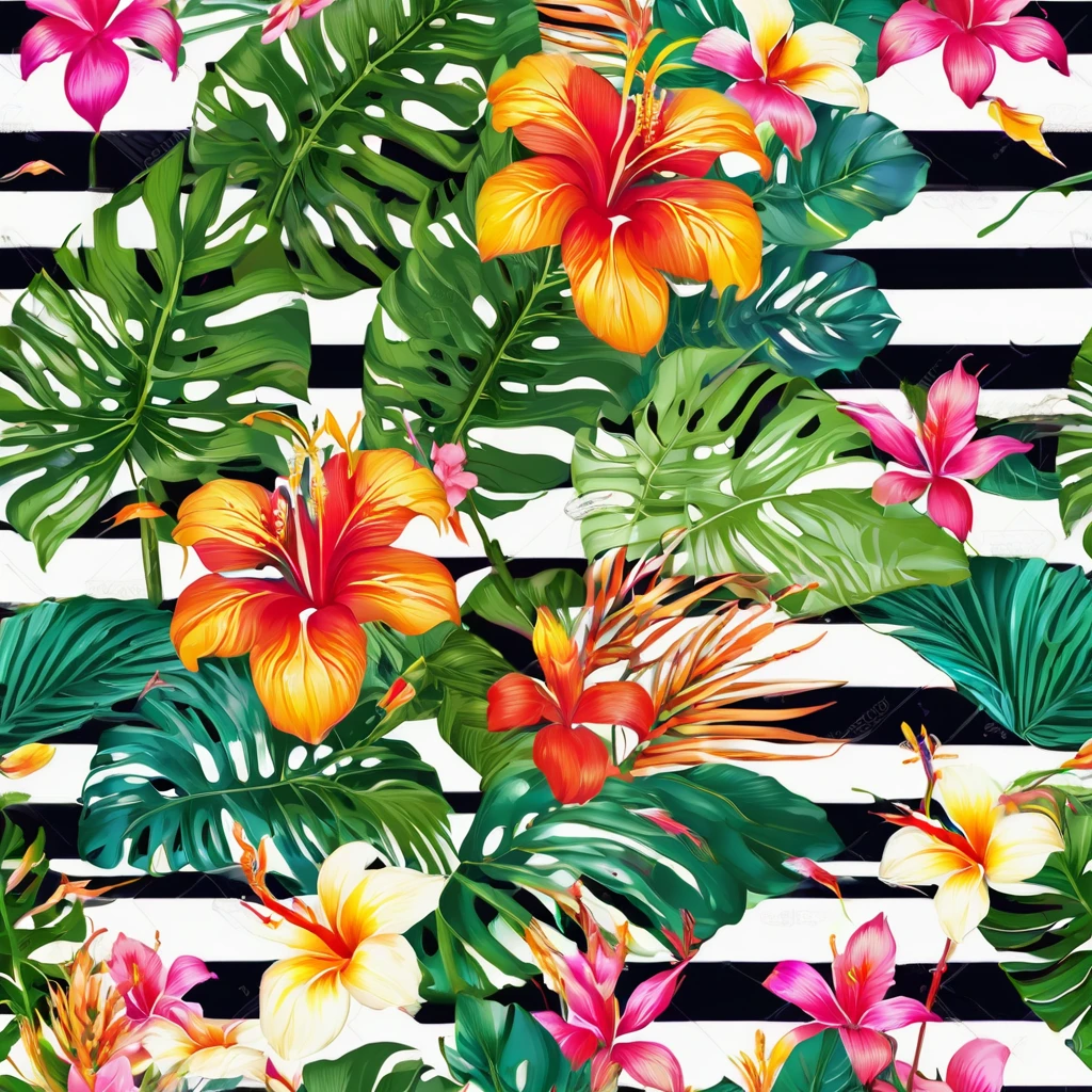 a Seamless pattern with tropical flowers and leaves on a striped background, blooming tropical flowers, tropical flowers, Seamless pattern design, Summer color pattern, flower的, tropical background, flower的 pattern, beautiful tropical flowers, tropic plants and flowers, repeating fabric pattern, tropical, flower, Repeating Pattern, tropical style, flowers in background, Repeating pattern. Seamless, tropical flower plants