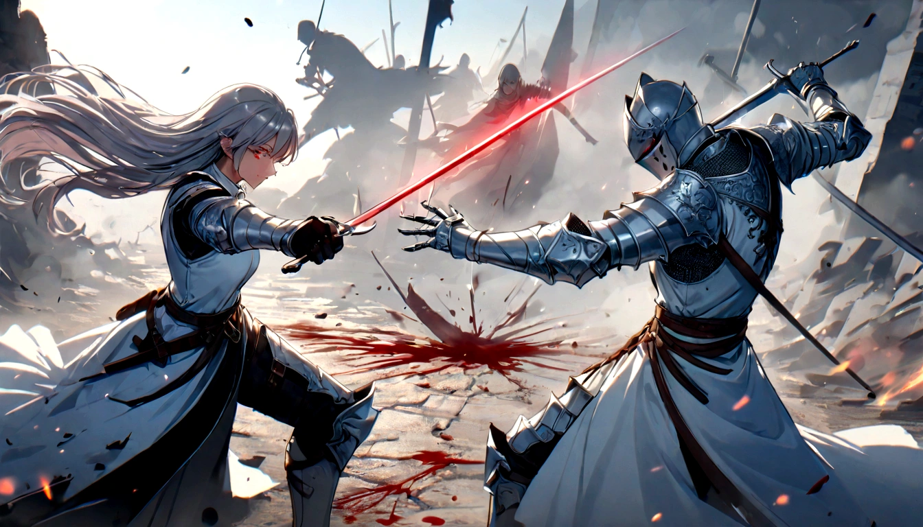 high quality,knight鎧,Gray Hair,Long Hair, Seductive red eyes, Cool,knight,Western style,battle,Holding a sword,Naoken,Swordfighting,Extracting the Sword,Moving Pictures,Bleeding,Return blood,battlefield,break,Grit your teeth,kill,Slashing to death,assassination