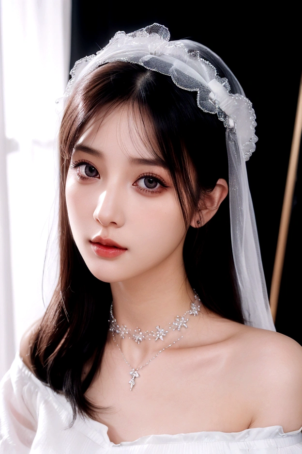 detailed portrait of a young woman, beautiful detailed eyes, beautiful detailed lips, extremely detailed face, long eyelashes, woman wearing a white off-shoulder blouse, tight black skirt, black choker necklace, fade calistic, photorealistic, photo-realistic:1.37), HDR, UHD, studio lighting, ultra-fine painting, sharp focng, extreme detail description, professional, vivid colors, bokeh, portrait