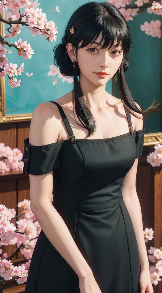yor, Mature female, bangs, side locks, Red eyes, Black hair, hair adornments,sportrait, (face:1.2), schoolgirls, ssmile,bare shoulders, Black hair, cherry blossom, cleavage, (gown:1.21), clavicle, Willow Branch, (masterpiece best quality :1.2),
