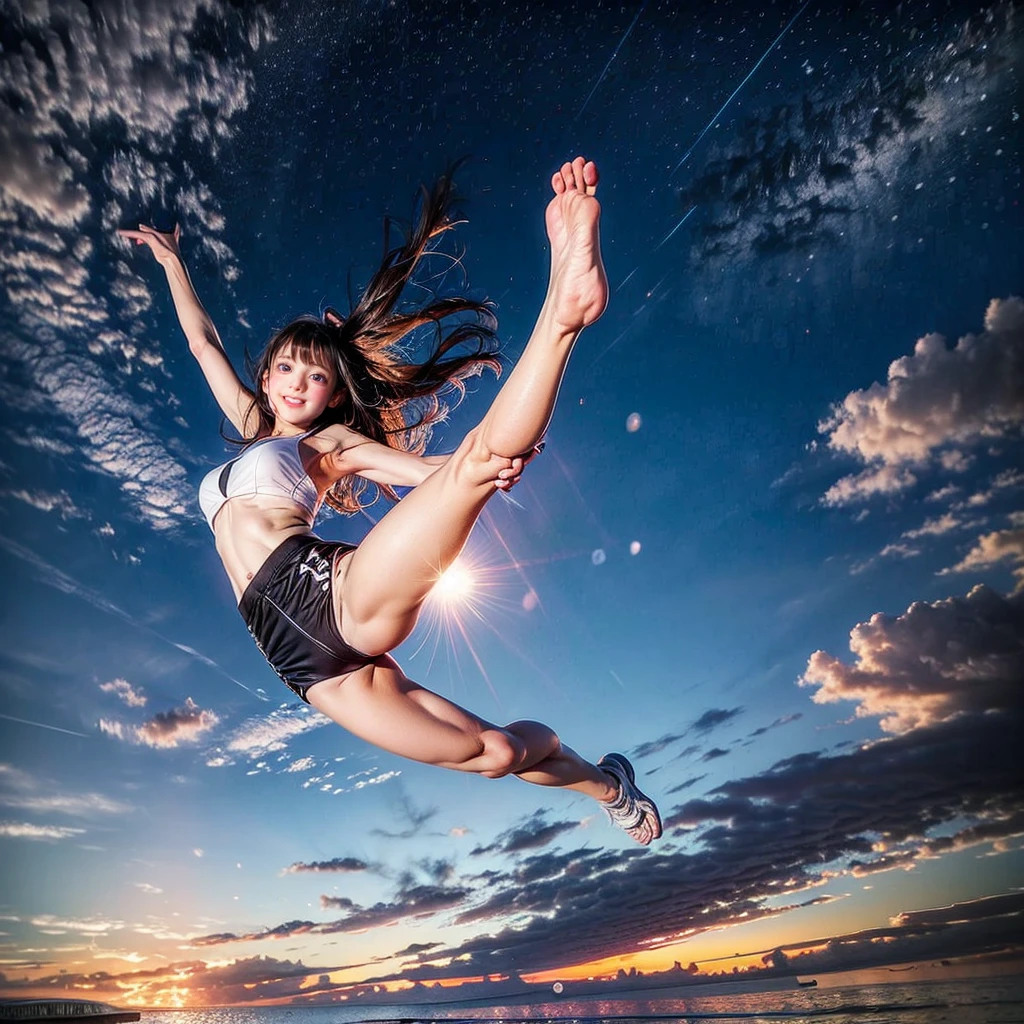 ((ExtremelyDetailed ( KAWAII Girl Floating in the Air:1.37) in WHITE at Dusk Enoshima Beach)), (masterpiece 8K TopQuality) (ProfessionalPhoto:1.37), {(Standing Full Body:1.2)|(from below:1.2)}, Different types of hair colors, {(White skinny(School Swimwear))|(SchoolUniform) with AthleticShorts}, {Correctd Childish hand|Hidden hand|Armpit|Different types of breasts|(Clearly Visible the shape of Butt)}, Joyful Expressions LifeLike Rendering, PerfectLighting, Dazzling Horizon {Colorful Clouds | Starry IridescentParticles} VolumetricLighting (Acutance:0.8) BREAK (Extra Arm:-2), (((Left foot with Left Leg)))