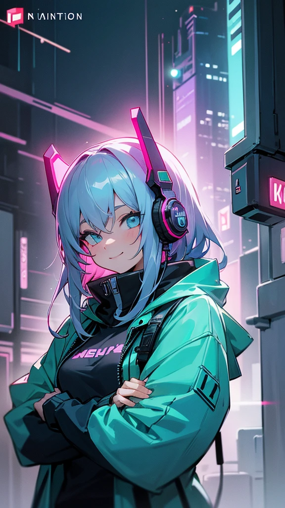 Cyberpunk City、neon、night、A ray of light、Girl wearing a hoodie、Large headphones、Strong gaze、smile
