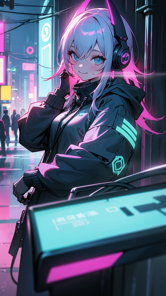 Cyberpunk City、neon、night、A ray of light、Girl wearing a hoodie、Large headphones、Strong gaze、smile
