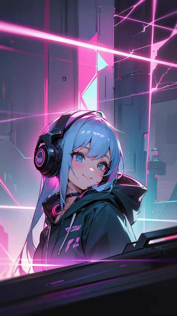 Cyberpunk City、neon、night、A ray of light、Girl wearing a hoodie、Large headphones、Strong gaze、smile 