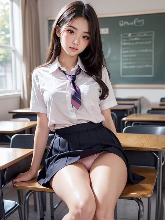 (Lift up the skirt, Showing panties:1.3), (Professional portrait, Realistic and perfectly shaped subjects:1.3), (masterpiece, Highest quality:1.2), (Realistic, Ultra-realistic, Realistic:1.3), (ultra High resolution), High resolution, Intricate details, Very detailed, (Extremely detailed CG, unity 8k wallpaper:1.3), Clear images,
break
(1 Japanese girl, 18-year-old), (cute, Slim figure), (Perfect Anatomy, Correct limbs:1.2), (Perfect hands), Perfect Arms, Beautiful and delicate down to the last detail, (Beautiful and delicate eyes and eye highlights), (Very thin, Delicate and not too long eyelashes), (Captivating eyes, Beautifully detailed eyes and face),  (Shiny skin, Realistic skin detail), Brown Hair, medium breast
break
((school uniform)), (high school girl), shirt open
break
classroom, Sit on a chair, (Cowboy Shot), break 
(blush:1.4), (Embarrassing:1.4), (shy:1.5), looking at viewer 
break
(Shooting from below)
break
バスト95センチ