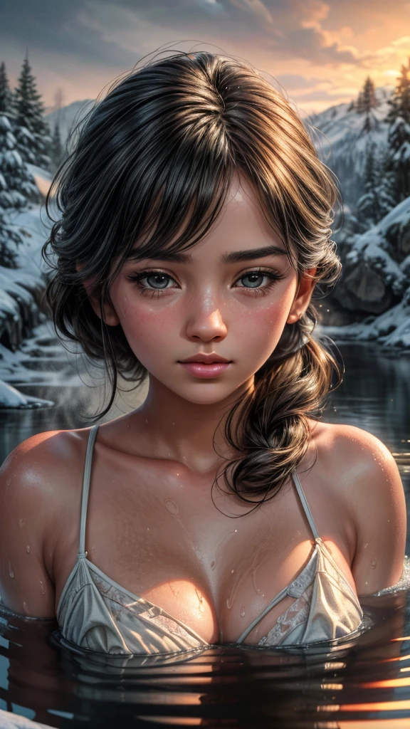 a beautiful detailed portrait of two sisters relaxing in an outdoor hot spring surrounded by a snowy landscape, steam rising from the hot water, sweat glistening on their skin, (best quality,4k,8k,highres,masterpiece:1.2),ultra-detailed,(realistic,photorealistic,photo-realistic:1.37),detailed facial features,extremely detailed eyes and face,longeyelashes,beautiful detailed lips,natural lighting,warm color tones,mist,atmospheric,serene,peaceful,tranquil,idyllic