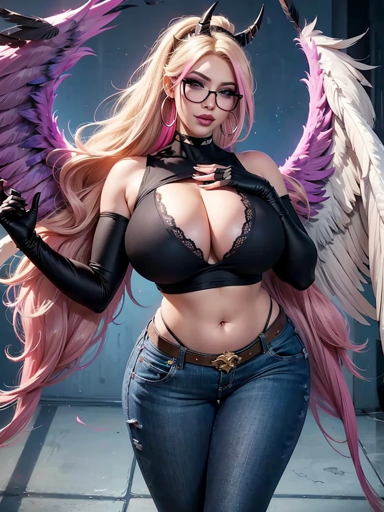 realisticlying,22yo girl,Blonde short、big body, y lingerie lace black ,perfect eyes, hair bunches、very very long hair, ultradetailed hair, body nylon sexBreastged、 big body, blonde, woman 1.90 CM,ponytail, ((hair over eyes)),perfect mouth, massive big bounce oppai, WET SKIN, (masterpiece, best quality:1.2), 1girl, solo, city background, haze \(fortnite\), Harpy Haze From fortnite, 1girl, earrings, glasses, hat, jewelry, lips, long hair, looking at viewer, makeup, nail polish, pink eyes, pink hair, pink nails, smile, sunglasses, tinted eyewear, belt, black pants, crop top, eyeshadow, midriff, navel, pants, choker, fingernails, round eyewear, sharp fingernails, standing, black feathers, black headwear, hoop earrings, horned headwear, horns, denim, winged arms, feather trim, star \(symbol\), elbow gloves, dark pink lips, feathers, heels, shoes, angel wings, bangle, black wings, crop top overhang, feathered wings, harpy, low wings, multicolored hair, multicolored wings, pink wings, wings, fingerless gloves, shirt, long fingernails, boater hat, bootcut pants, leather pants, sleeves, black sleeves,massive big bounce oppai,massive big bounce oppai,massive big bounce oppai,