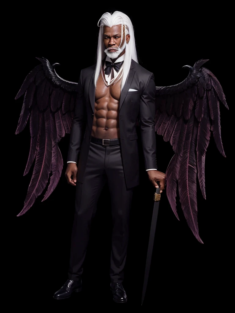 A very strong black gentleman, with straight white hair, with white eyebrows, with white beard, with burgundy wings 