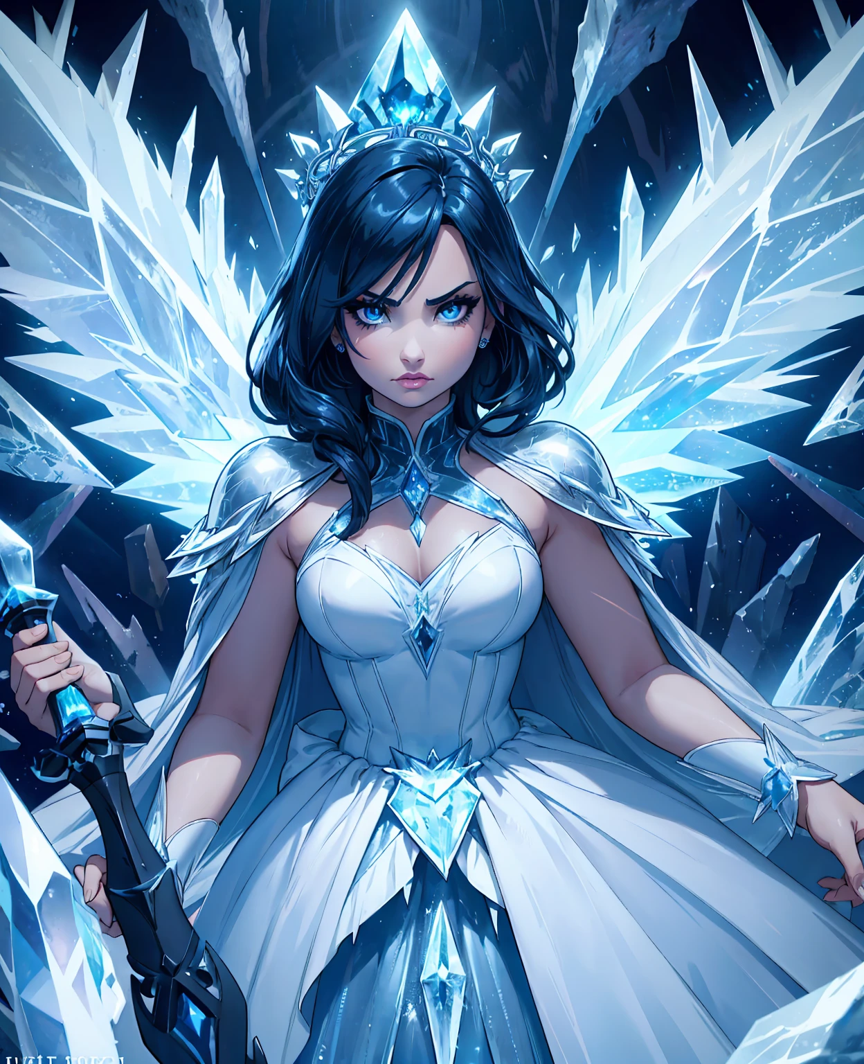 Demi Lovato, ice mage, dark fantasy, beautiful detailed eyes, beautiful detailed lips, extremely detailed face, long eyelashes, flowing ice crystal dress, ice crystal hair, ice crystal wings, magical ice crystal staff, dark cloudy background, dramatic lighting, moody color palette, cinematic composition, hyper detailed, 8K, photorealistic