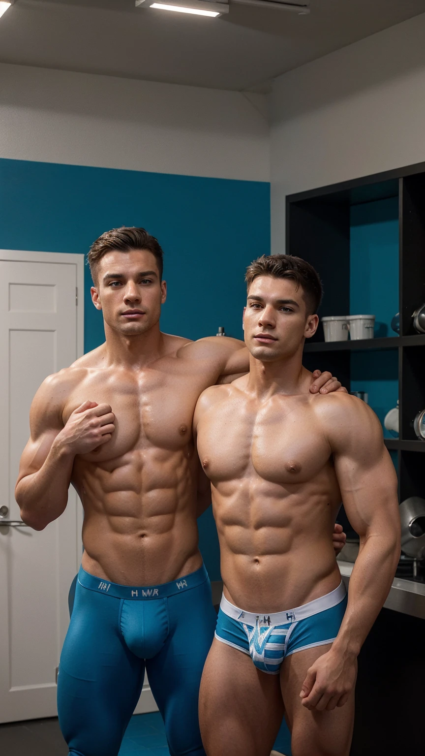a high-definition, artistic photograph featuring two fit, muscular male models posing in a modern, brightly lit studio with a blue and white color scheme. The models should be shirtless, wearing matching blue underwear, with one model leaning his head on the shoulder of the other in a relaxed and intimate manner. The setting should include elements of metallic and industrial design, such as metal barrels and pipes, to enhance the contemporary and stylish vibe. The lighting should highlight their defined physiques and create a sleek, polished look.