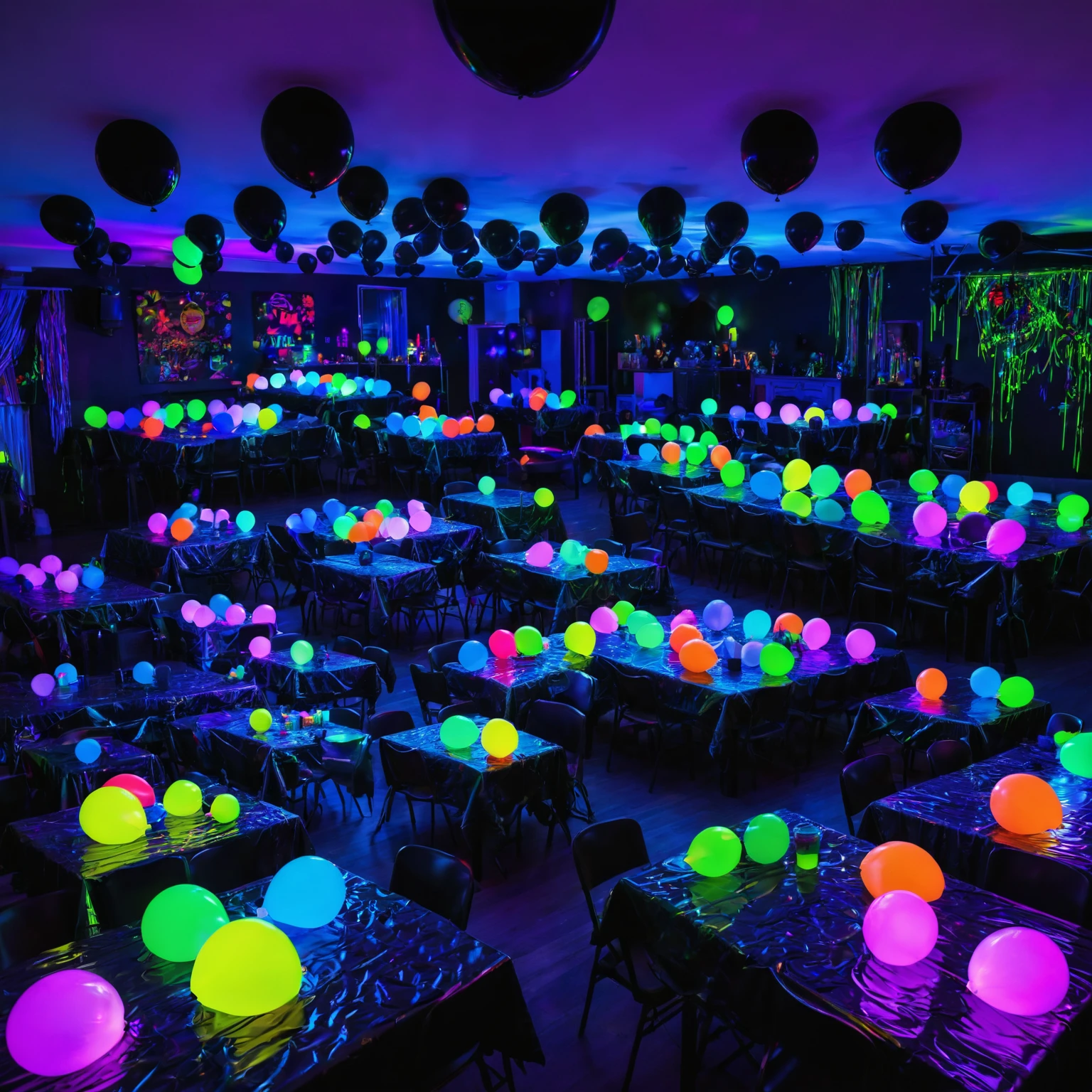 neon black light party room with fluorescent color balloons & party tables, uv-reactive, neon, black light, fluorescent, party room, birthday, background