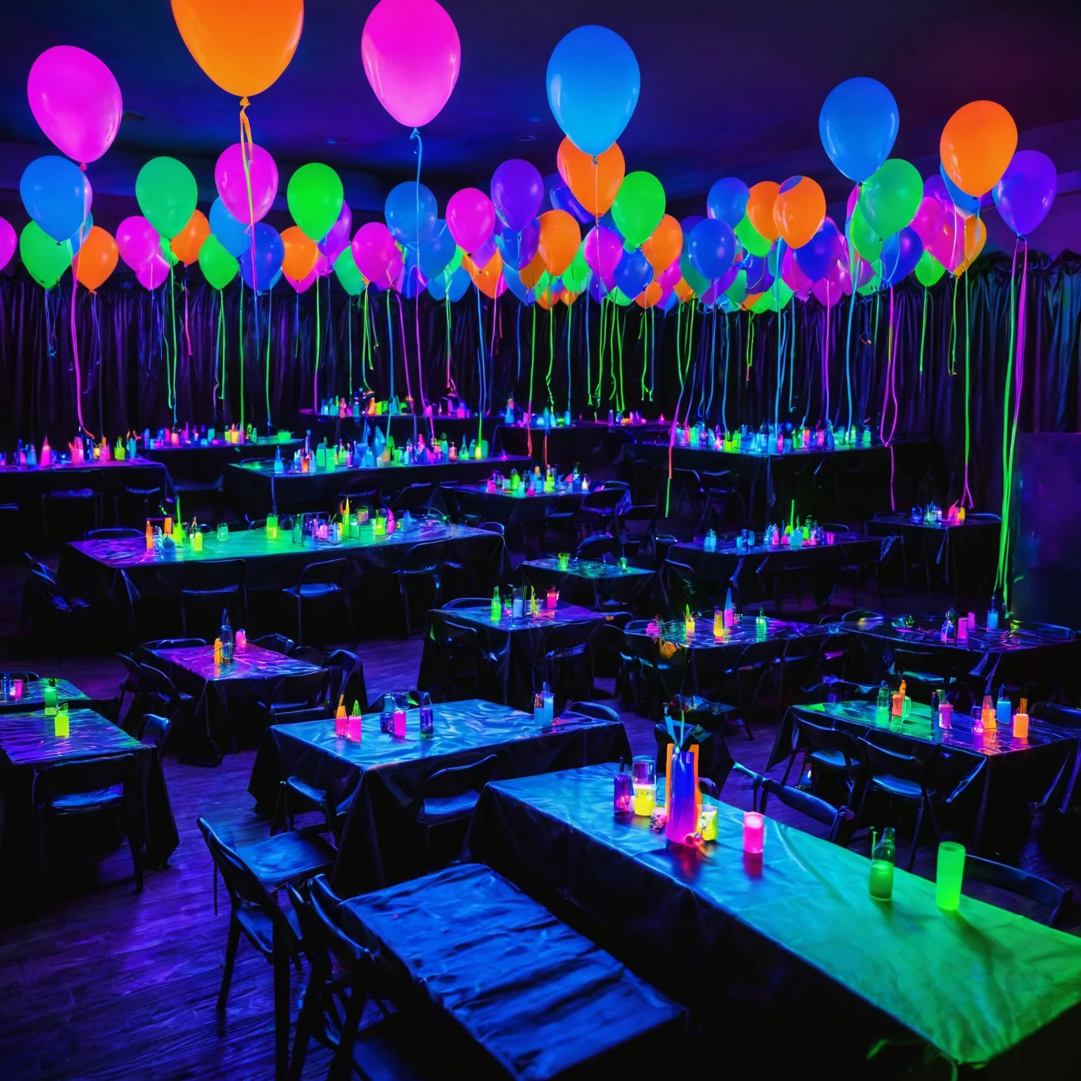 neon black light party room with fluorescent color balloons & party tables, uv-reactive, neon, black light, fluorescent, party room, birthday, background