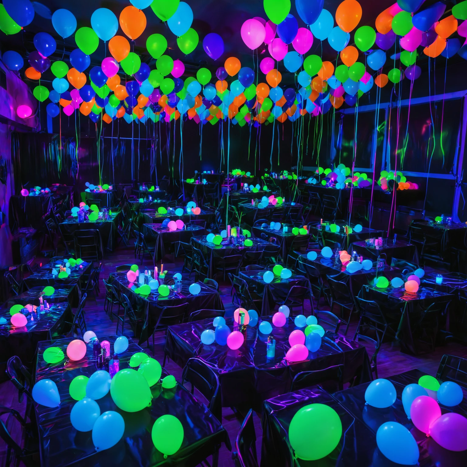 neon black light party room with fluorescent color balloons & party tables, uv-reactive, neon, black light, fluorescent, party room, birthday, background