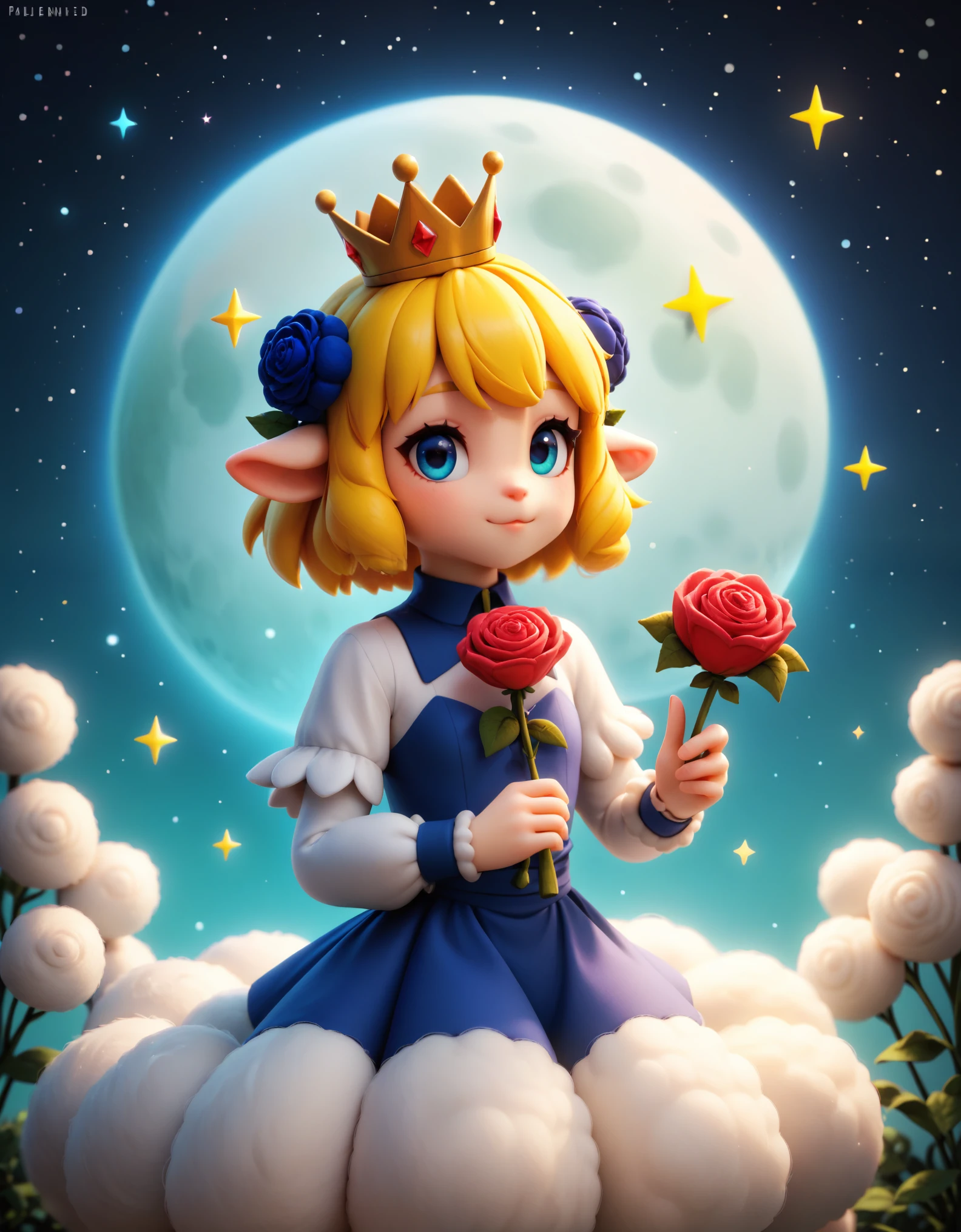 Felt world,felt style,Felt-World\(style\),A  from a fairy tale,with yellow hair,a crown,a gorgeous dress,holding a rose,a rose field on the moon,planets,loneliness,sparkling starry sky,wool felt,handcrafted,artistic,3D,realistic details,,