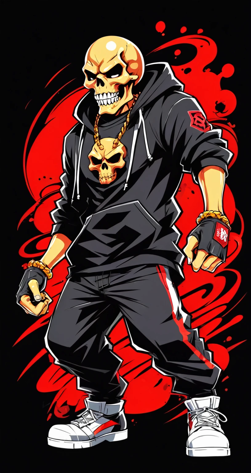 Fighting game style skull head, Hip-Hop Style, t shirt design, flat-colors, vectorial art,  ((black backdrop)) . dynamic, Vibrant, full of action, detailed character design, reminiscent of fighting video games