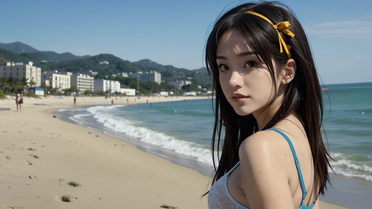 (A superb exquisite haruhi suzumiya), (haruhi suzumiya:1.5),
(photo realistic:1.4), (hyper realistic:1.4), (realistic:1.3),
(smoother lighting:1.05), (increase cinematic lighting quality:0.9), 32K,
1girl,16yo girl, realistic lighting, light on face, ray trace, (brightening light:1.2), (Increase quality:1.4),
(best quality real texture skin:1.4), finely detailed eyes, finely detailed face, finely quality eyes,
(tired and sleepy and satisfied:0.0), ((face closeup)),
(large chest), (Perfect Body Proportions), (slender Body Proportions), 
(beachside), colorful bra & panties,
(Increase body line mood:1.1), (Increase skin texture beauty:1.1),((look back)),