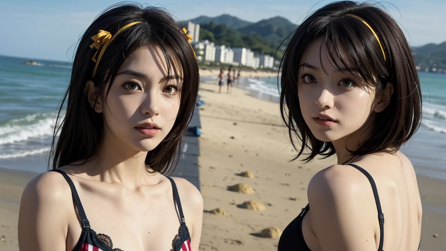 Twin Japanese women standing on the beach、Older sister facing forward and younger sister facing sideways