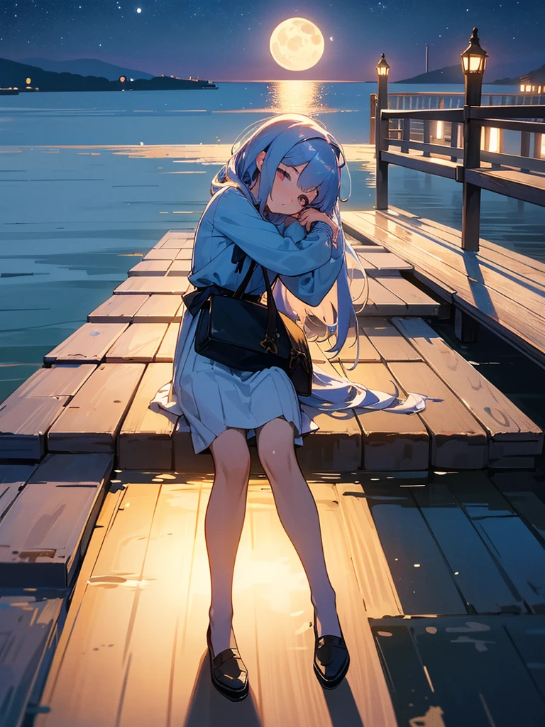 the girl sits on the pier, stretching her legs towards the shimmering surface of the water.  Overhead, the bottomless night sky is strewn with stars, and the full moon reflects on the surface of the water, creating a shimmering path.  Her bag lies next to her, like a faithful friend.  The blue one leans on the wooden railing, resting her head on her hand, and looks thoughtfully at the moonlit path