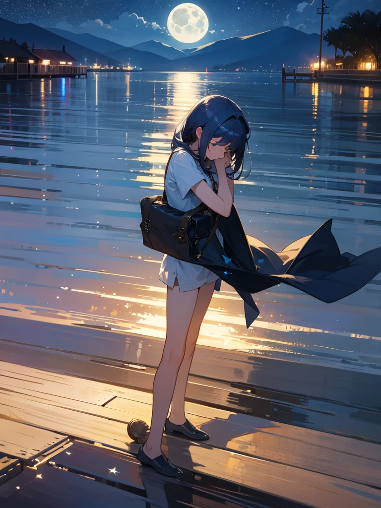 the girl sits on the pier, stretching her legs towards the shimmering surface of the water. Overhead, the bottomless night sky is strewn with stars, and the full moon reflects on the surface of the water, creating a shimmering path. Her bag lies next to her, like a faithful friend. The blue one leans on the wooden railing, resting her head on her hand, and looks thoughtfully at the moonlit path