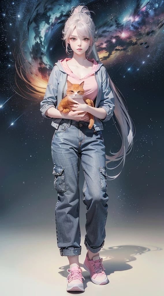 (((Holding a cute orange bantam cat in both hands))),((Highest quality,masterpiece,一位超Mature高挑美女正面全身圖,Air bangs,Blue gray high ponytail super long straight hair,Slightly curly hair on double sideburns,Hair ends curled in,Gray and pink short T-shirt,Light blue denim gray hooded jacket,Black and gray long and wide cargo pants,Pink and white sneakers,Exposed clavicle)),((Mature,Look at the camera head-on)),starry sky galaxy background