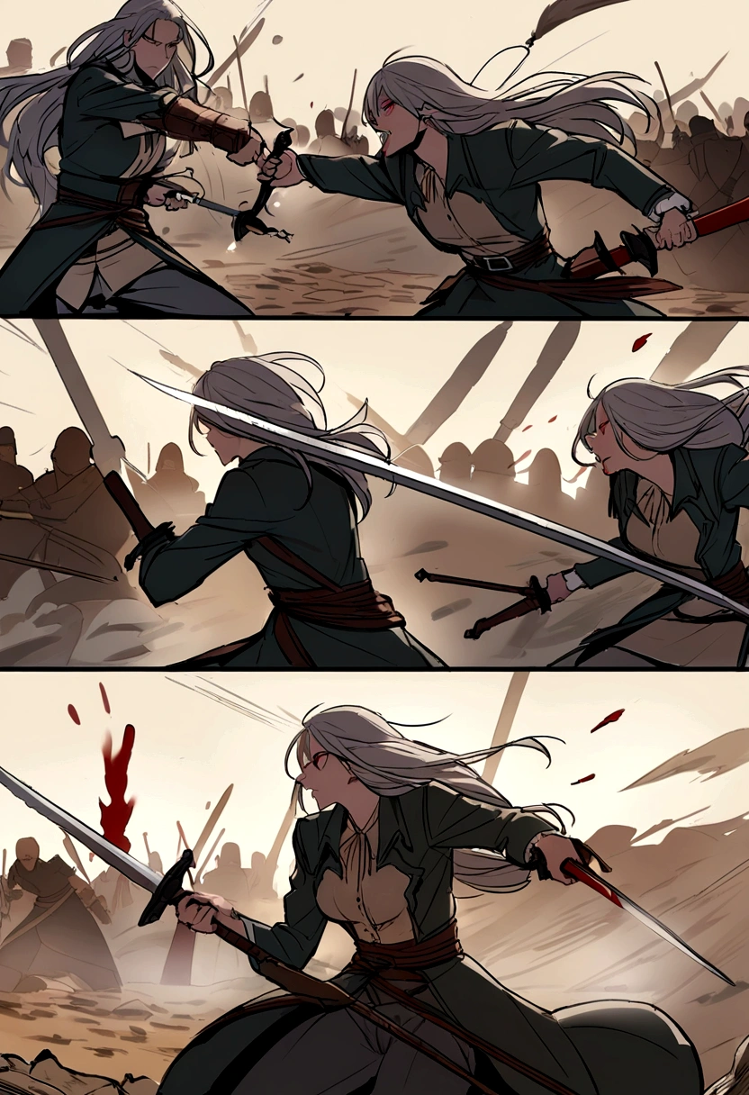 high quality,knight鎧,Gray Hair,Long Hair, Seductive red eyes, Cool,knight,Western style,battle,Holding a sword,Naoken,Swordfighting,Extracting the Sword,Moving Pictures,Bleeding,Return blood,battlefield,break,Grit your teeth,kill,Slashing to death,assassination